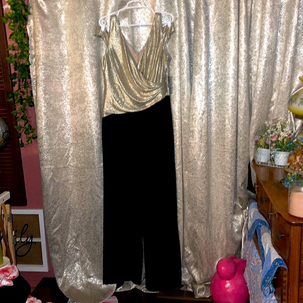 NWT Lauren Ralph Lauren DRESS, Metallic Gold Top & Black Split Skirt, Sz 16